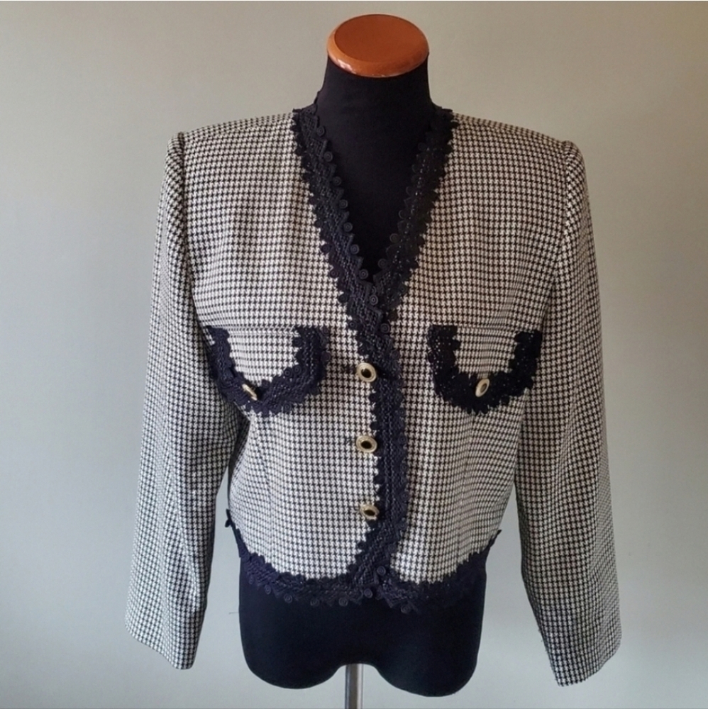 Beechers Brook M Vintage Old Money Timeless Classic Houndstooth Lace Crop Blazer - Picture 3 of 11